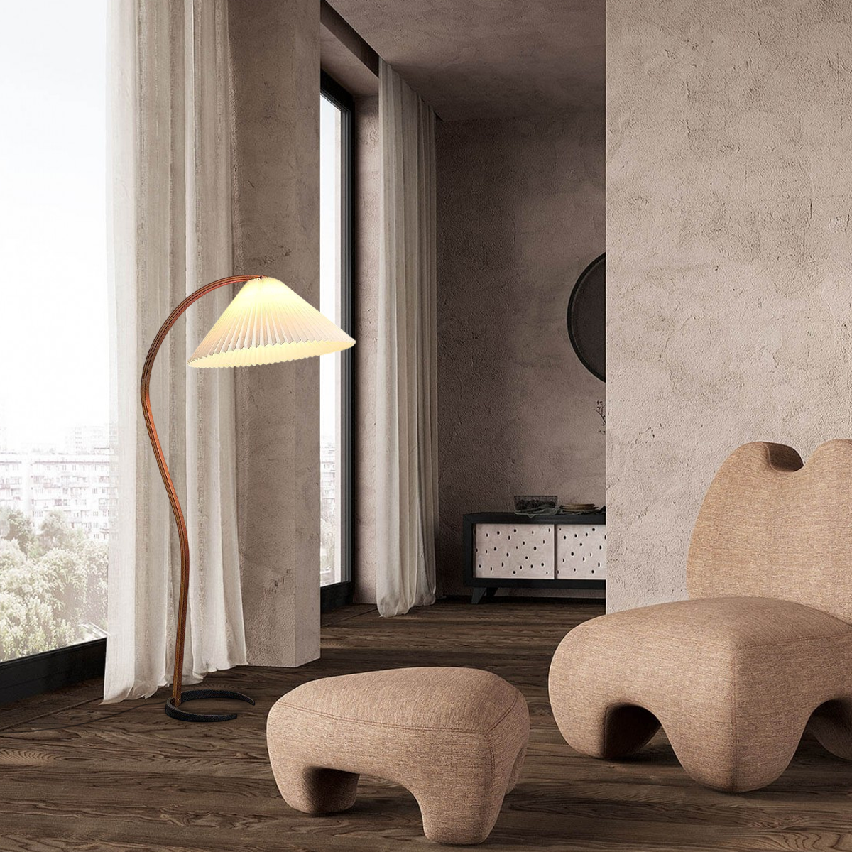 Modern Beige Floor Lamp Wood Fabric